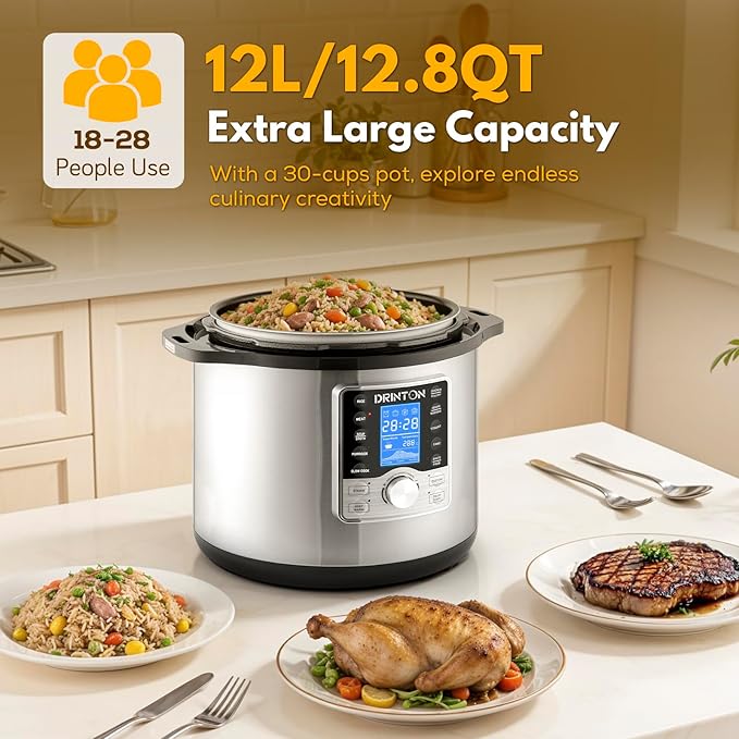 12 L/12.8 QT Commercial Pressure Cooker, 10-in-1 Pressure Cooker with Non-Stick Pot, 1400W Electric Pressure Pot with LCD Display, Slow Cook, Keep Warm, 24H Timer for 18-28 People Use