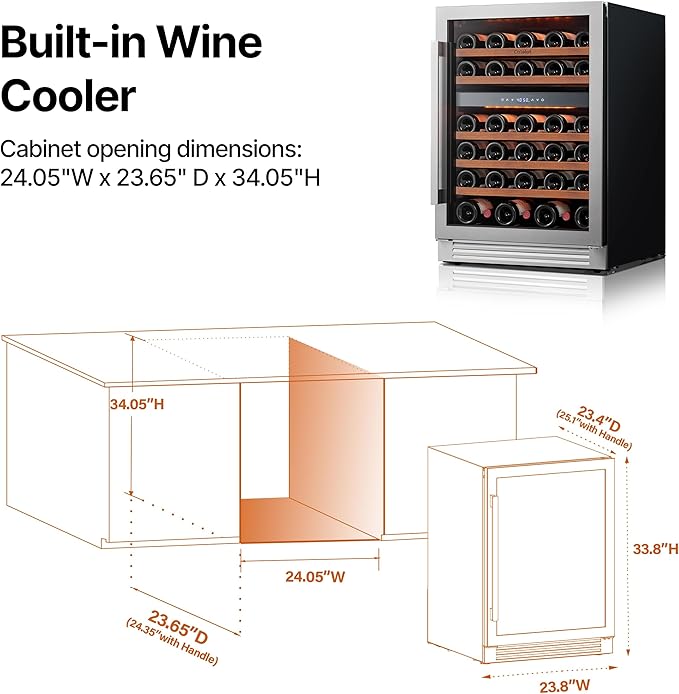 Ca'Lefort Wine Fridge & Cooler - 24 Inch 52 Bottle Wine Cooler Refrigerator, 40-65°F Dual Zone Wine Refrigerator Glass Door, 3 LED Built-in or Freestanding Fridge for Home/Bar/Kitchen (5.65 cu.ft)
