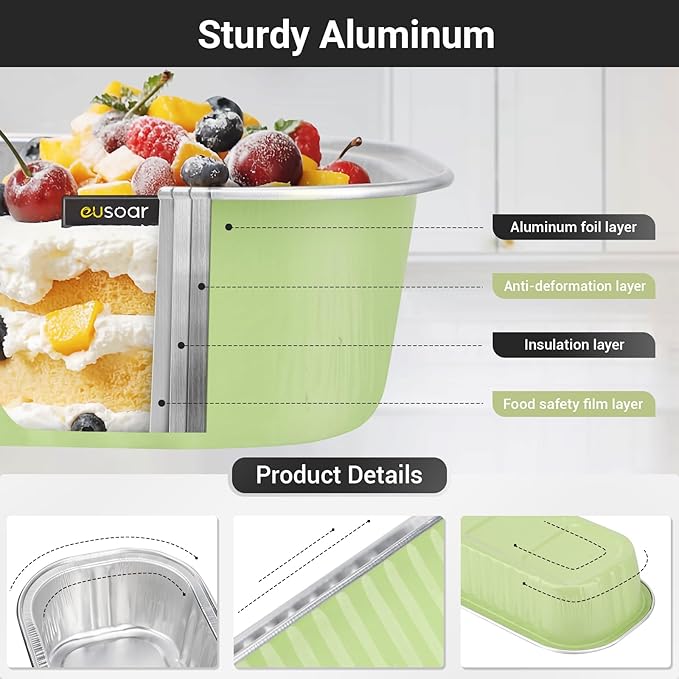 EUSOAR Foil Ramekins with Lids, 50pcs 6.8oz 6.5"x2.5"x1.2" Disposable Aluminum Baking Cups Mini Cake Pans with Lids, Rectangle Cupcake Containers Wrappers，Dessert Cheesecake Creme Brulee Pan