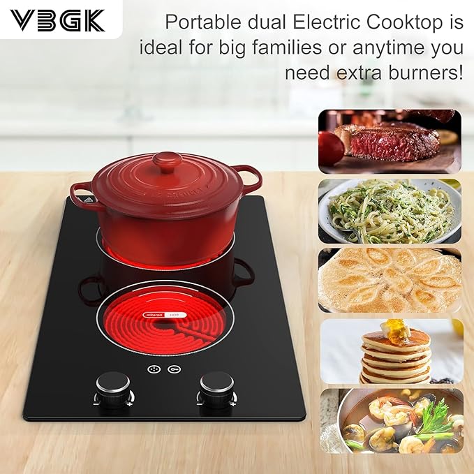 VBGK Electric Cooktop,110V 2400W Electric Stove Top with Knob Control,9 Power Levels, Kids Lock & Timer,LED touch control,Overheat Protection Electric stove,24 Inch desktop 2 burner