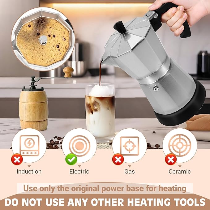 Silver Aluminum Electric Moka Pot, 3 or 6 Cups Espresso Maker with Dose Reduction Plate