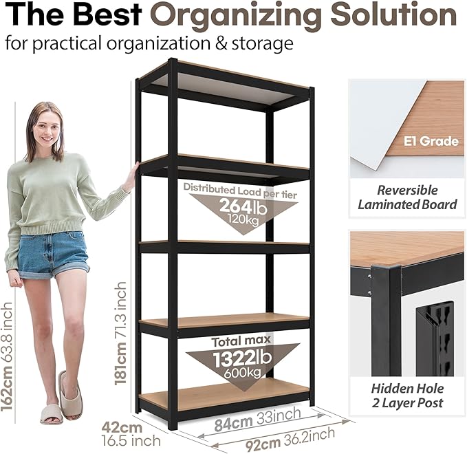 HOMEDANT House Black 5-Tier Laminated Metal Shelving Unit Adjustable Storage Utility Rack Heavy Duty Shelves Organization Shelf Kitchen Garage Pantry Closet 4Pack