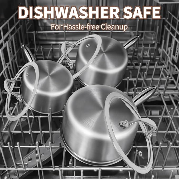 EWFEN 3 Ply Stainless Steel Sauce Pan Set with Lids, 1 & 2 Quart Multipurpose Cooking Pot, Stay-Cool Handle, Induction Oven Dishwasher Safe, 1QT & 2QT