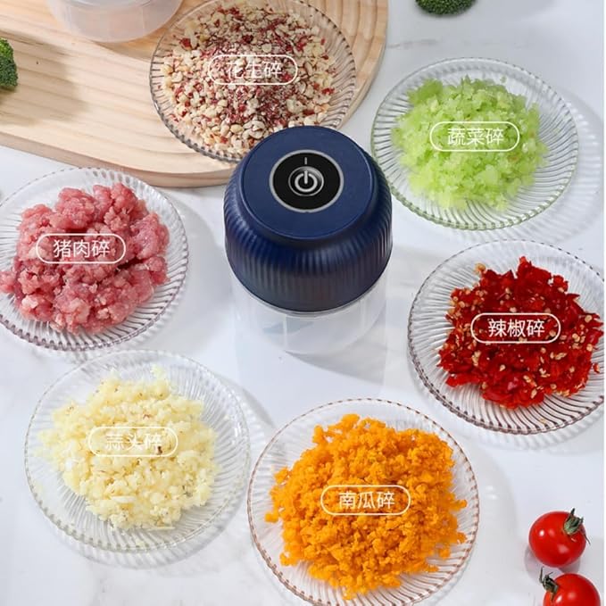 300ML USB Rechargeable Electric Garlic Chopper, Mini Portable Veggie Cutter with Eggbeater&4/6 Knife Heads, Veggie Chopper with Container and Lid, Vegetable Crusher (A)