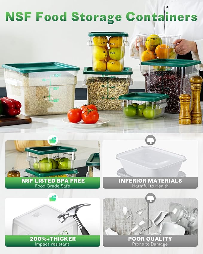 12QT NSF Food Storage Containers: 2 PCS [Food Grade][Hot&Cold Resistant] Commercial Clear Square Food Storage Containers with Scales Handles for Home Restaurant Kitchen Proof Dough(BPA FREE-GREEN N2)