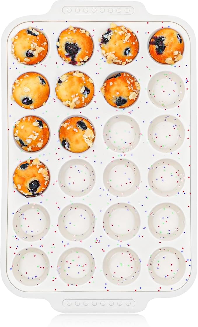 Vinino Silicone Mini Muffin Pan for Baking, 24 Cups Mini Cupcake Pan with Reinforced Frame, Nonstick Muffin Tray with Non-Slip Handle, Silicone Molds for Oven, BPA Free, Dishwasher Safe