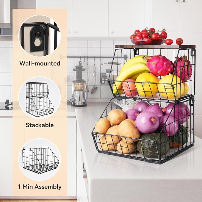 Wawocs 2 Tier Stackable Wall Mounted Hanging Basket, Fruit Basket for Kitchen Counter, Storage Bin with Wood Lid, Onion Storage, Fruit and Vegetable Storage, Countertop Organizer