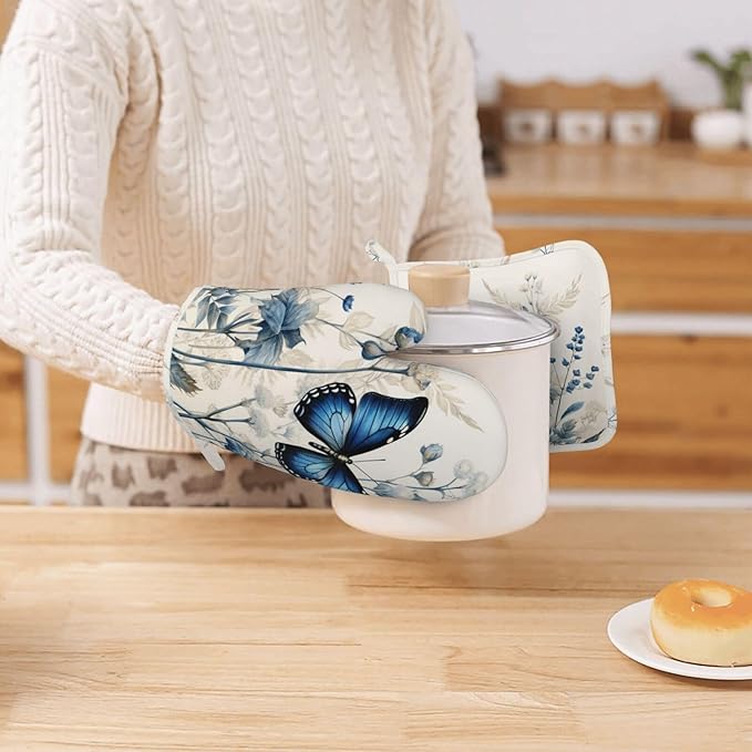 Oven Mitts and Pot Holders Butterfly Blue Flower Boho Silicone Kitchen Accessories Set of 4 Heat Resistant Long Gloves Potholder Non-Slip Grip for Chef Cooking Baking Grilling BBQ
