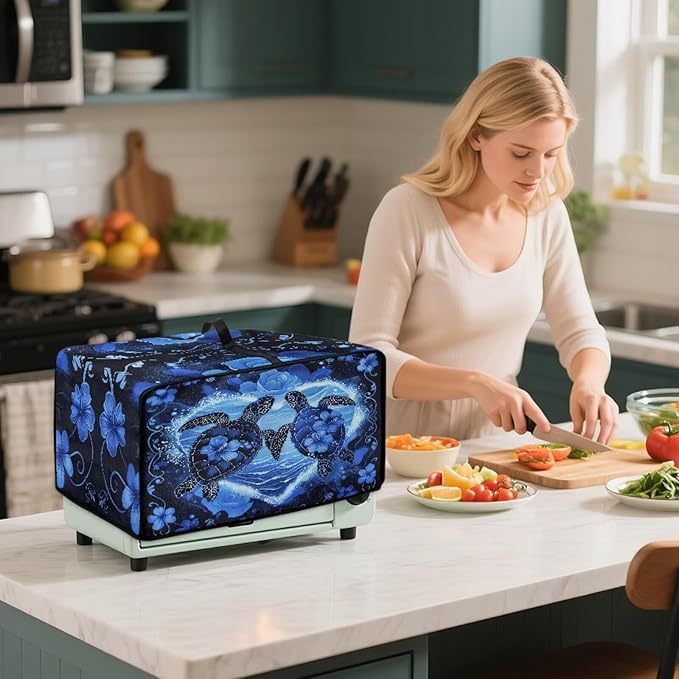 Convection Oven Cover Countertop Appliance Covers Stain-resistant Microwave Oven Protector for Kitchen Home Decor, L, Sea Turtle Love Hibiscus Flower Dark Blue
