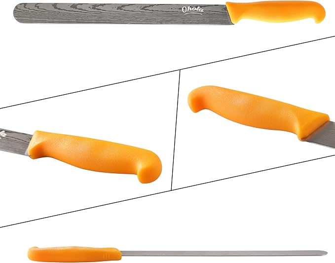 2PCS Brisket Knife, OHOLA 12 inch & 10 inch Carving Meat knife, Premium Stainless Steel Slicing Knife with Plastic Handle, Great for Smoked Brisket, BBQ Meat, Turkey (Orange+Yellow)
