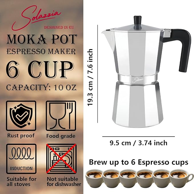 6 Cup Stovetop Espresso Maker Italian Moka Pot, Stove Top Cuban Coffee Maker, Greca Mocha Pot(Basic, 10 oz/300ml)
