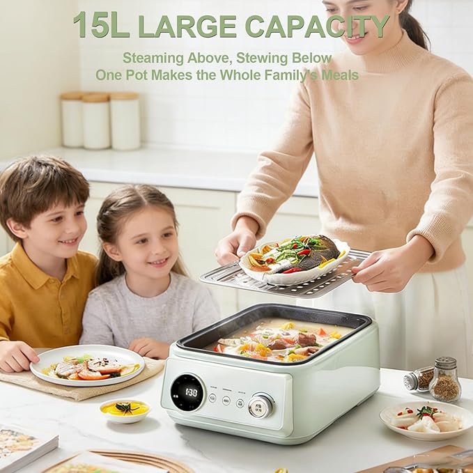 13.6Qt 2-Tier Electric Food Steamer, 8 Modes, Dry Protection, 24h Reservation and Timer, 4-8 Servings, Stainless Steel Electric Steamer for Vegetable Seafood (Green)