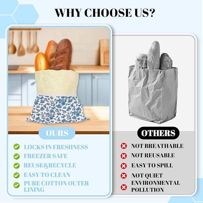 1 PCS Beeswax Bread Bags - 17x13 Inch Reusable Bread Storage Bags,Bees Wax Lined Bread Bags for Home Cooks fresh bread storage Easy Clean (Blue Floral)