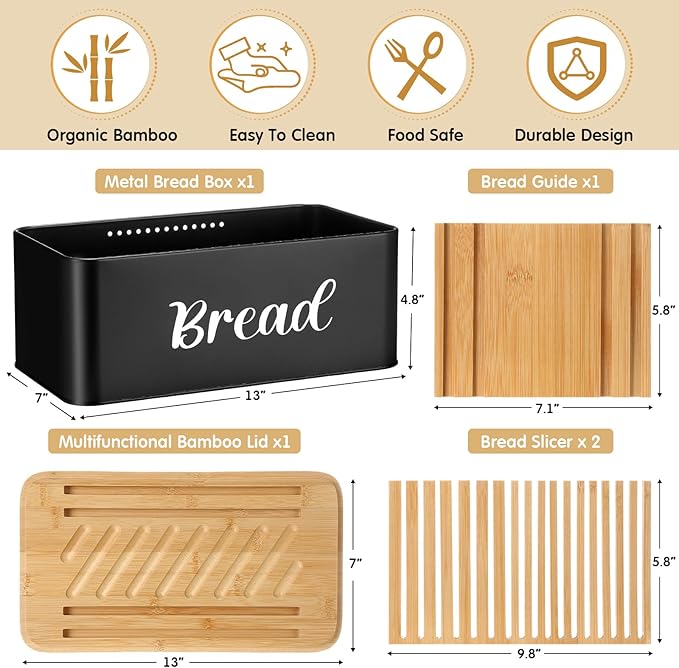 Bread Box with Bread Slicer Storage Container for Kitchen Countertop Food Storage with Multifunction Bamboo Lid, 3 in 1 Breadbox Removable Cut Board for Loaf Slicing (Black,Wood, Metal,Bamboo)