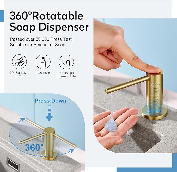 Kitchen Sink Soap Dispenser with 17 OZ Bottle and 40" Extension Tube Kit, Stainless Steel Built-in Soap Dispenser for Kitchen Sink or Countertop, in or Under Sink Installation, Brushed Gold