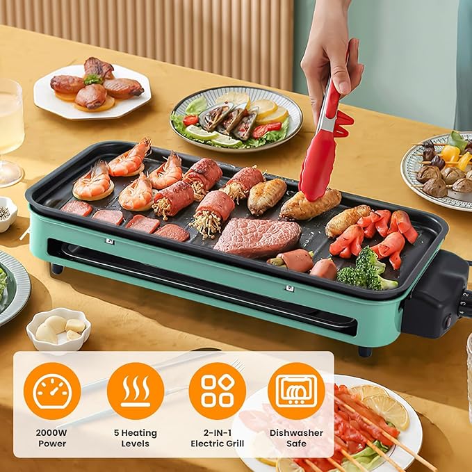 KOCASO 2-IN-1 Indoor Electric Grill, 2000W Electric Indoor Grill & Raclette, 5 Temp Control 176°F-392°F, Removable Non-Stick Plates & 3 Cheese Trays, Dishwasher Safe, for Family Party BBQ