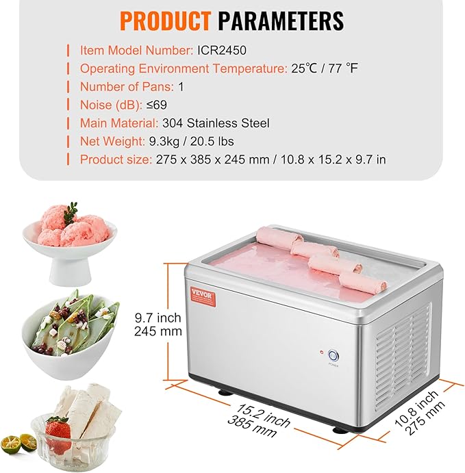 VEVOR Fried Ice Cream Machine, 12.6" x 8.5" 120W Stir-Fried Ice Cream Roll Maker with Compressor and 2 Scrapers, for Making Dessert Rolls, Frozen Yogurt
