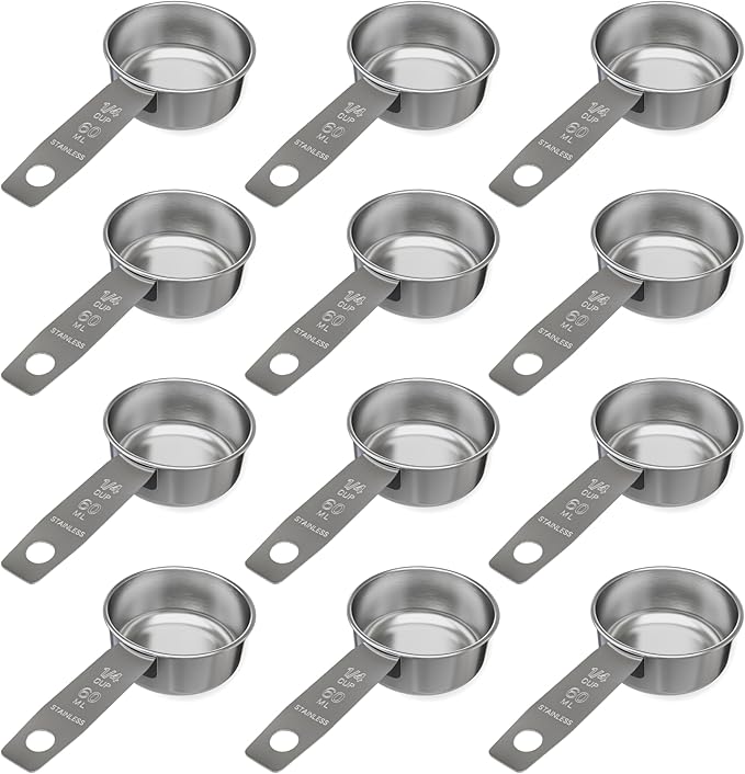 1/4 Cup Stainless Steel Measuring Cup | Sturdy Metal 60 ml | 60 cc | 2 oz | Single Cup for Wet and Dry Ingredients | Great for use as 1/4 Cup Dog Food Scoop - 12 PK