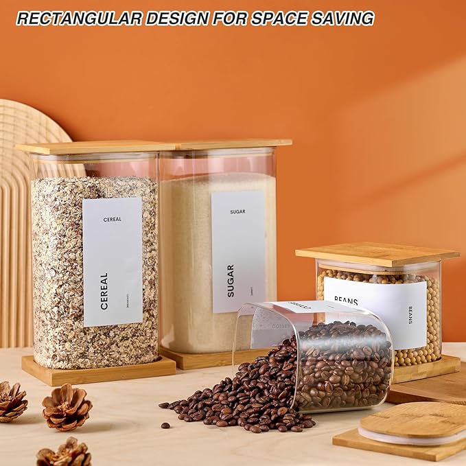 Glass Storage Jars with Bamboo Lids, 50oz Square Food Storage Containers for Kitchen Pantry Organization, Storage Canisters with Labels for Cereal Flour Beans Tea, Large Spice jars Seasoning Bottles