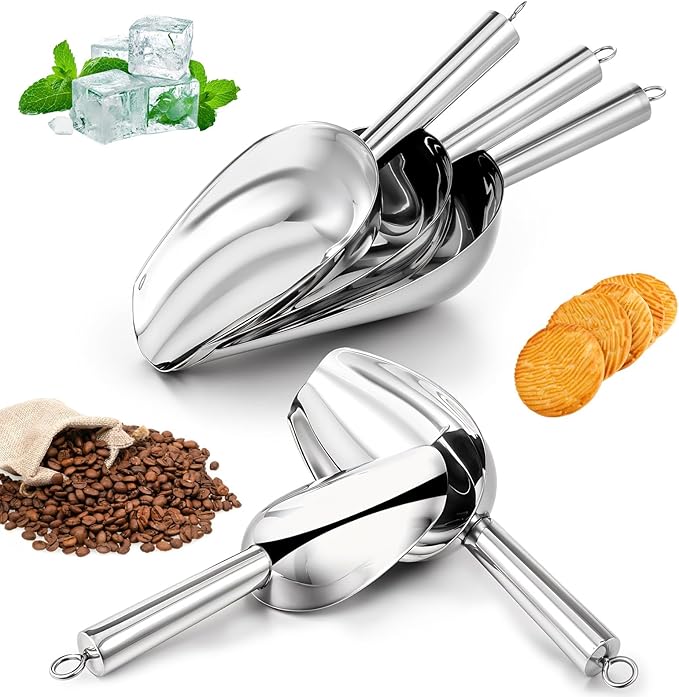 5 Pack 3/6/9/12/16 Ounce Stainless Steel Ice Scoops, Metal Food Scoop with Hanging, Kitchen Utility Scoops Rust-proof Candy Ice Cube for Party Wedding Popcorn Dog Food Potted Plants