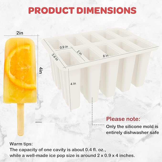 Miaowoof Homemade Popsicle Molds, 10-Cav Non-BPA Silicone Ice Pop Maker, with 50 Sticks, 50 Bags, 10 Reusable Sticks, Funnel, Brush and Ice Pop Recipe (White)