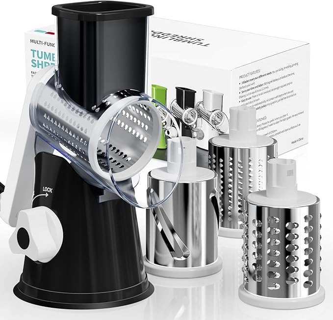 Rotary Cheese Grater Hand Crank, 3 Blades Slicer Shredder, Cheese Grater for Kitchen, Multi-Functional Kitchen Tool for Vegetables, Nuts, Chocolate, with Strong Suction Base, Black