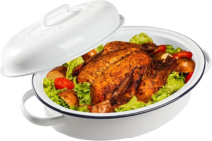 Webake Enameled Roasting Pan with Lid, Covered Roaster Pan Oval Pot Enamelware Cookware, 15.5 Inch, Vintage Farmhouse White