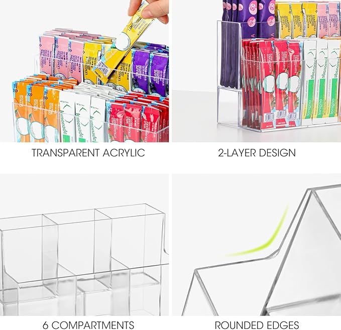 AIEVE Drink Packet Organizer, 2-Tier Water Flavor Packet Holder for Pantry Storage, Acrylic Drink Mix Organizer Hydration Powdered Mixes Holder Container for Cabinet Kitchen Storage