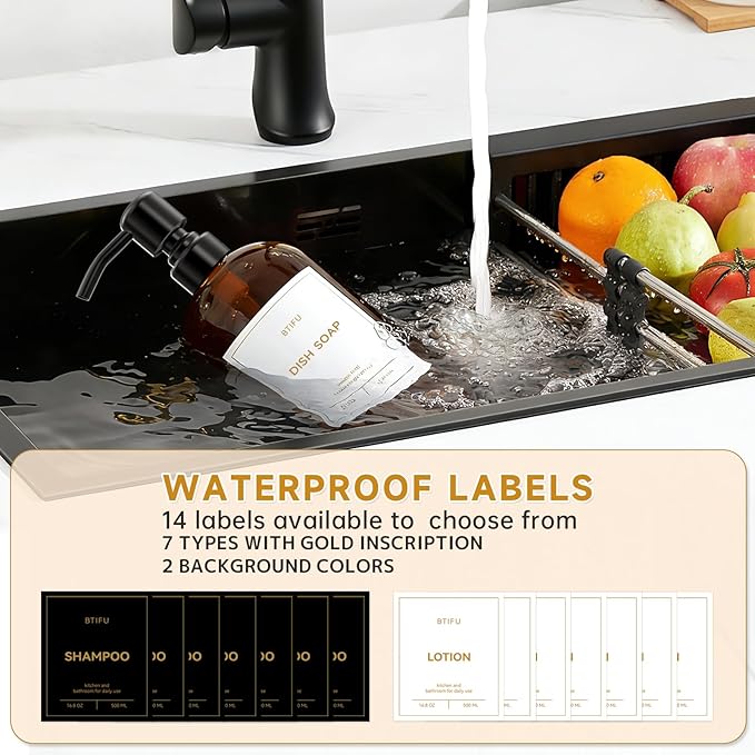 Kitchen Soap Dispenser Set – 16.8oz/500ml Glass Hand and Dish Soap Dispenser with Stainless Steel Pumps & Non-Slip Silicone Base, Luxury Countertop Decor for Home, Airbnb, Hotel (Amber & Black)