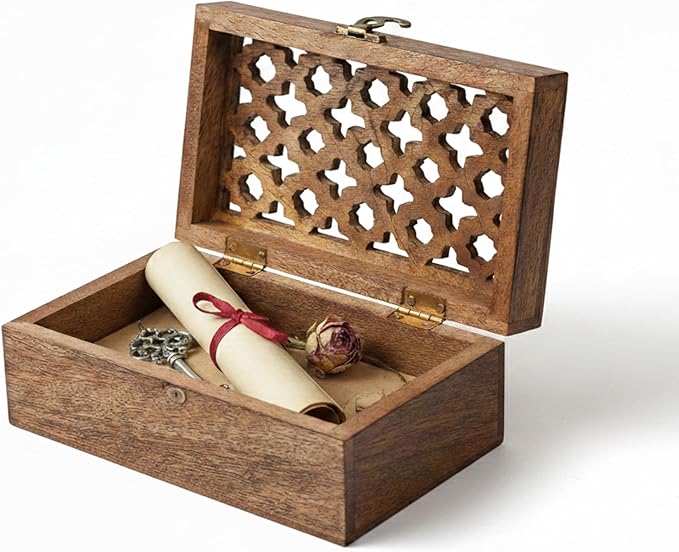 Mela Artisans Medium Burnt Wooden Keepsake Box | Handmade Decorative storage box for Jewelry, Photos & Letters | Trinket Storage Box with Hinged Lid |Medium | Trellis Design | 7.5 x 4.5 x 3