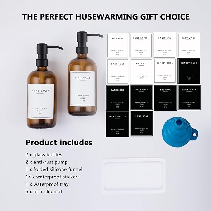 Thick Glass Soap Dispenser - Kitchen Dish Hand Soap Dispenser Set, Rustproof Pump Soap Lotion Dispenser Bathroom with Tray,14 Stickers for Kitchen Decor Amber Bottle/Black Pump