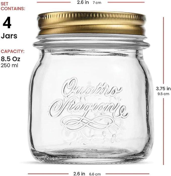 Bormioli Rocco Quattro Stagioni set of 4 Clear Airtight Mason Jars, 8.5 Oz. Made from BPA Free Durable Glass, Made In Italy.