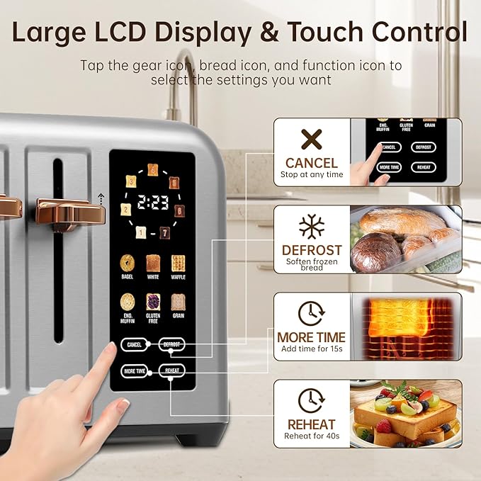 SEEDEEM Toaster 4 Slice, Stainless Steel, Touch Screen for Dual Control, Digital Timer, Smart Toaster with 6 Bread Type, 7 Shade Setting, 1.5''Wide Slot, Removable Crumb Tray, 1800W, Silver Metallic