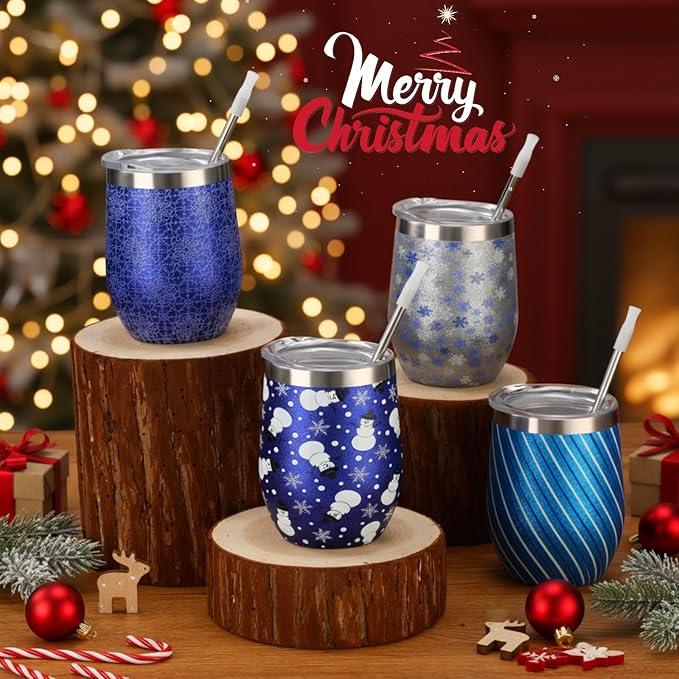 Sliner 4 Pack Pack Christmas Glitter Tumbler Bulk, 12 oz Holiday Wine Tumbler Set Stainless Steel Insulated Sparkling Glitter Cup with Lids Straws and Brushes Travel Mug Xmas Gift (Fresh Style)