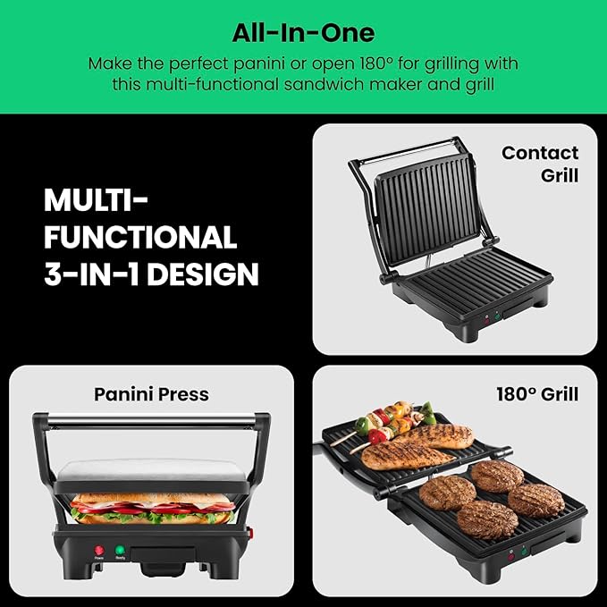 Chefman Panini Press Grill and Gourmet Sandwich Maker NonStick Coated Plates,Opens 180 Degrees to Fit Any Type or Size of Food,Stainless Steel Surface and Removable Drip Tray,4 Slice,Black,(Pack of 2)
