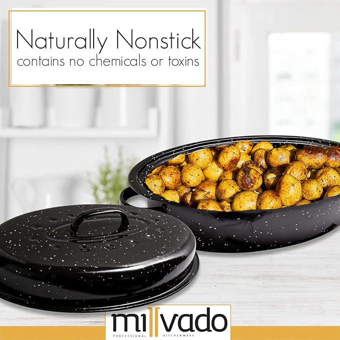 Millvado Roasting Pan With Lid, Thanksgiving Turkey Roaster Pan, Extra Large 20 lb Capacity, 19" Granite Oven Roaster Oval Shaped Speckled Enamel on Steel Cookware,for Roasting Turkey, Chicken, Lamb
