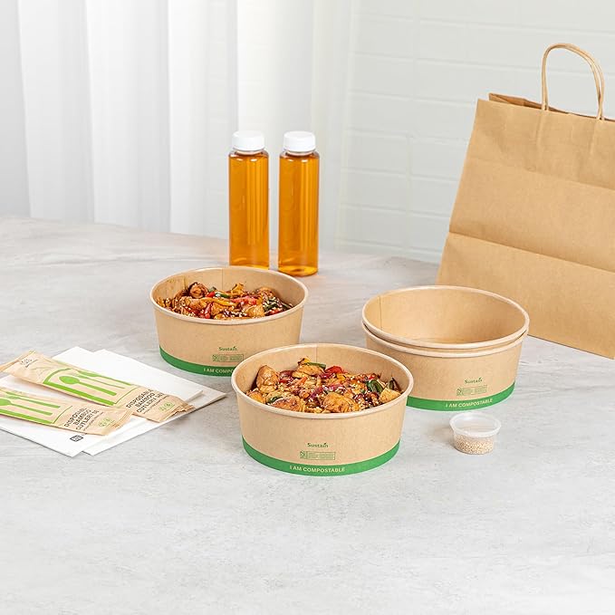 Restaurantware Compostable Paper Food Containers 200 Pack Of 50 oz BPI-Certified Round Kraft Salad Bowls Disposable Grease-Resistant Meal Prep Take Out Containers For Ice Creams, Soups, Snacks