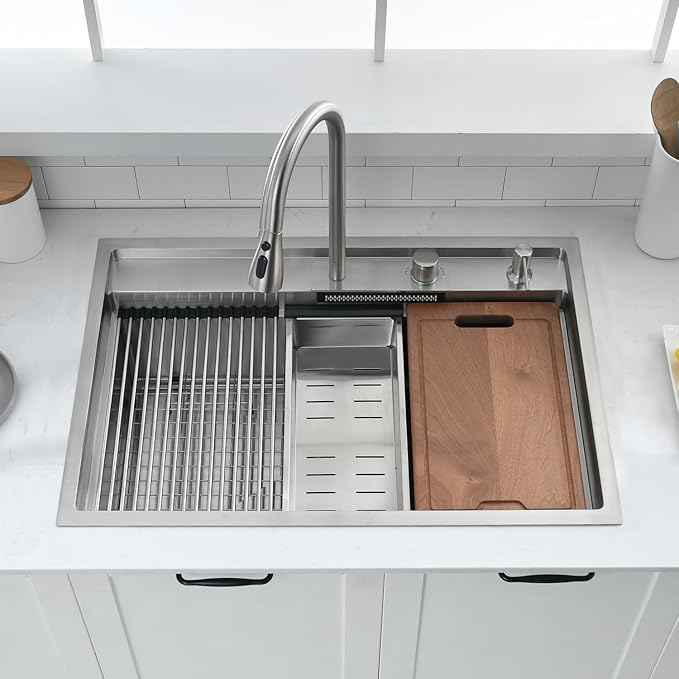 30 inch Drop in Kitchen Sink Waterfall Workstation with Faucet Combo-VOKIM 30x22 Drop-in sink 16 Gauge Stainless Steel Single Bowl Kitchen Sink with Cutting Board