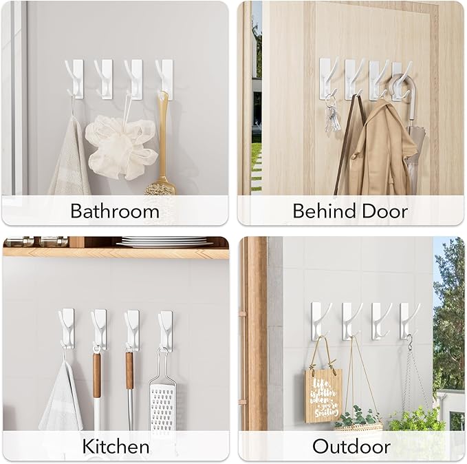 pickpiff White Self Adhesive Coat Hooks for Hanging: 13LB Extra Strong Stainless Wall Hook for Towel, Utensil, Backpack, Hat, Sturdy Metal Hanger for Bathroom, Kitchen, Door, 4-Pack