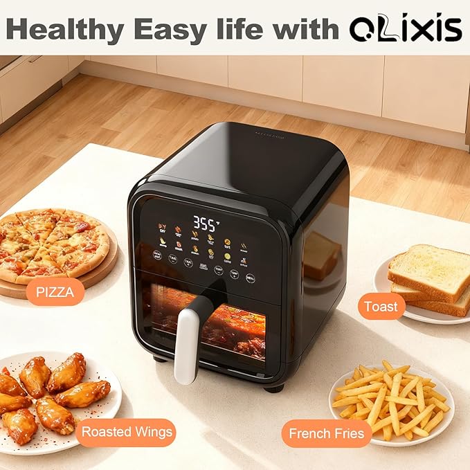 NEWBULIG 7.9QT Air Fryer with Transparent Window, 12-In-1 Large Air Fryers for Family, 400°F Wide Temperature for Rapid Heat, Roast Bake Dehydrate Reheat, Dishwasher Safe, Nonstick Basket, 1800W