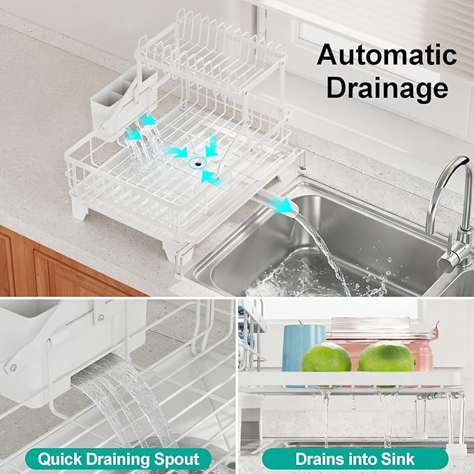 iSPECLE 2 Tier Dish Drying Rack for Kitchen Counter, Expandable Large Dish Drainer with Drainboard Set, Rust Resistant Dish Rack with Utensil & Cup Holder, 16.9" W x 14.4"-22.4" L, White