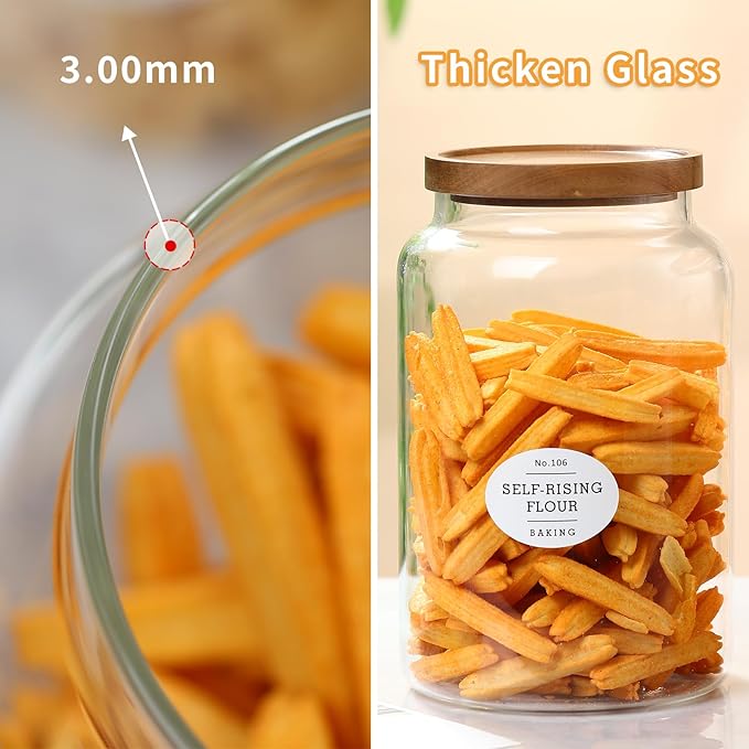 2-pack 3/4 gallon glass storage container with Acacia Wood Lids and glass spoon, Sealable Waterproof, Large Tall Glass Jar,Glass food storage Jars Set for Coffee bean, Nut, Candy, Cereal, Flour，sugar