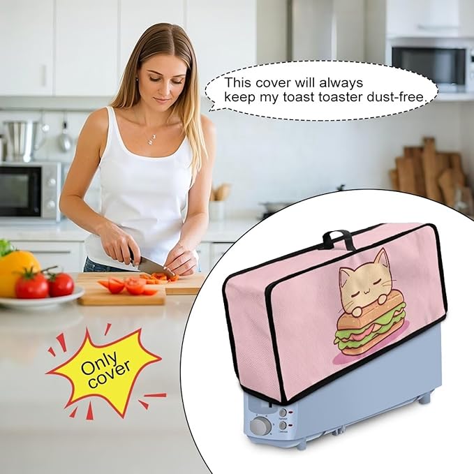 Cute Hamburger Toaster Cover 2 Slice Long Slot 2 Slice Slim Toaster Cover Water-Resistant Folding Small Appliance Covers for Kitchen, Easy to Fold and Store (Pink Cat)