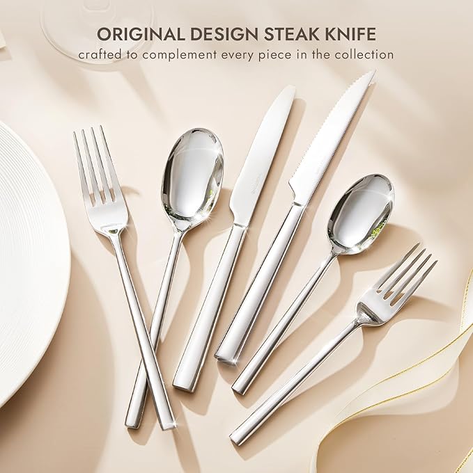KINGSTONE Silverware Set with Steak Knives, 48-Piece Forged Flatware Set Cutlery Set Premium Stainless Steel, Service for 8, for Kitchen, Home, Wedding, Party, Mirror Polished and Dishwasher Safe