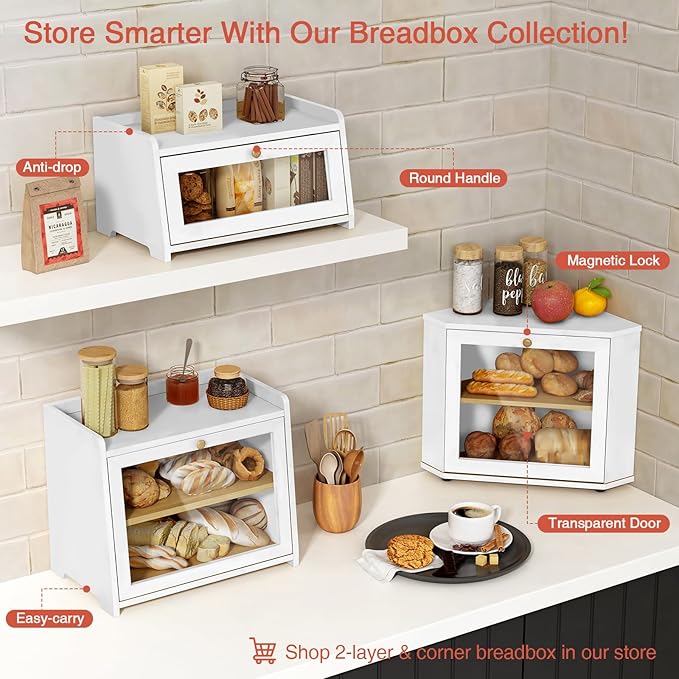Goozii White Bread Box for Kitchen Countertop, Modern Counter Breadbox for Homemade Bread, Large Corner Bread Storage Container for Sourdough Loaf Organizers and Storage (White Bamboo Wood)