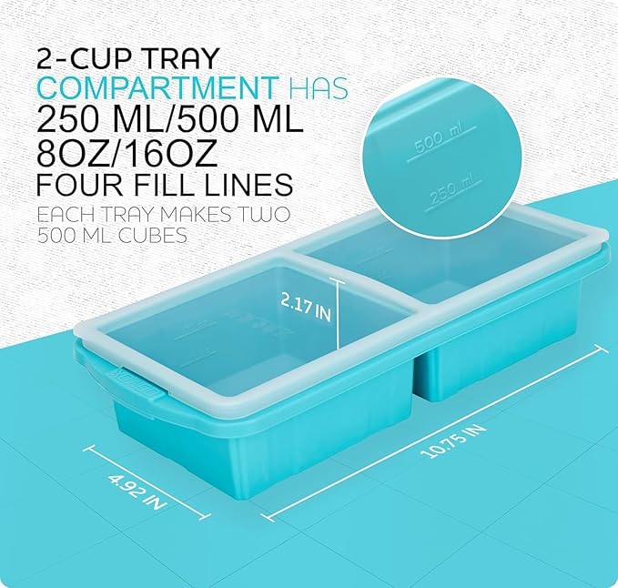Silicone Freezer Tray With Lid - Soup Freezer Container Molds Set Makes 2-Cup & 1-Cup 1/2-cup Portions Cubes Perfect for preparing meals in different Portion Sizes Oven & Dishwasher-Safe