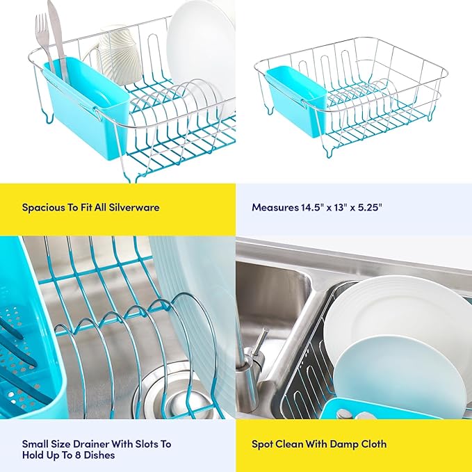 Dish Drying Rack & Cutlery Holder 2 Piece Set - Compact Sink-Fitting Dish Drainer with Rubberized Undercoating, Space-Saving Kitchen Organizer for Plates, Cups, Bowls & Utensils in Sink, Turquoise