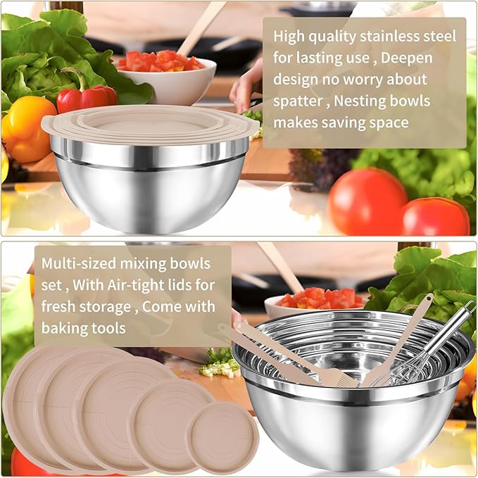 WEPSEN Mixing Bowls Set, 25PCS Khaki Mixing Bowls With Lids Set Stainless Steel Kitchen Large Nesting Metal Bowl 7QT to 1.5QT, Measuring Cups and Spoons for Prepping Cooking Serving