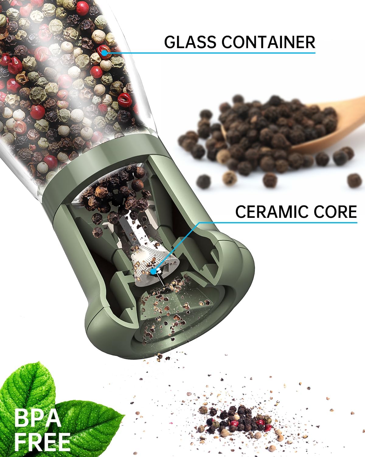 CIRCLE JOY Manual Salt and Pepper Grinder Set For Professional Chef, Refillable Salt and Pepper Shakers with Ceramic Blades, Adjustable Coarseness and BPA-free 180ml Glass Container, Short Green