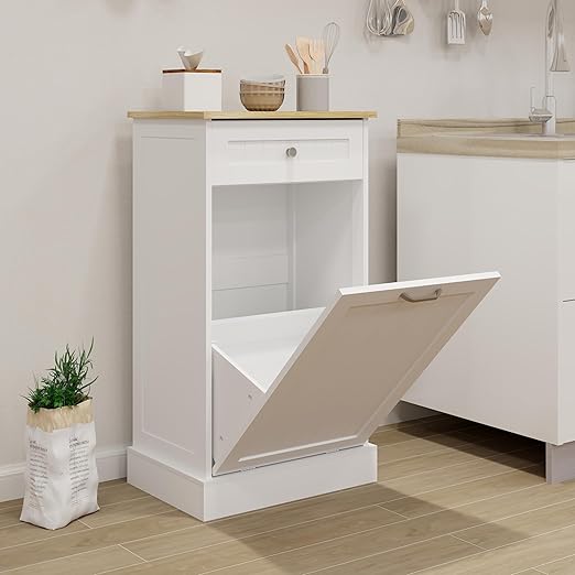 Wooden Simple Style Kitchen Trash Cabinet, Wooden Frame with Drawers and Tilt-Out Trash Cabinet for 10 Gallon Trash Cans 19.69'' W x 13.78'' D x 35.43'' H (White-021)
